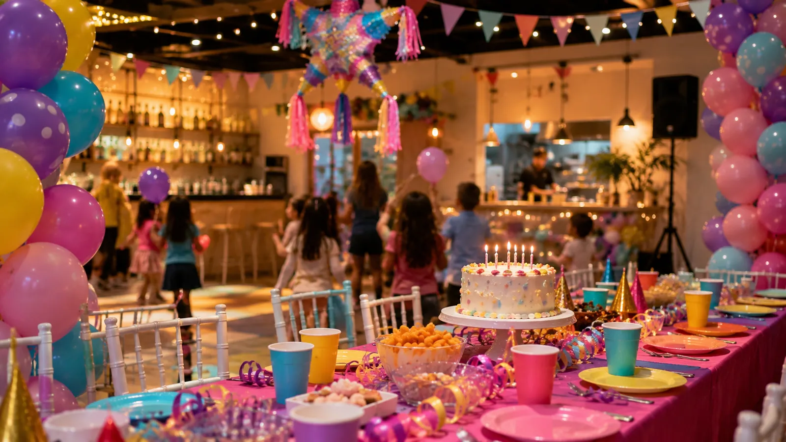 Cumpleaños infantil celebrado en el salón arrendado de Festópolis, con torta propia y cocina en vivo