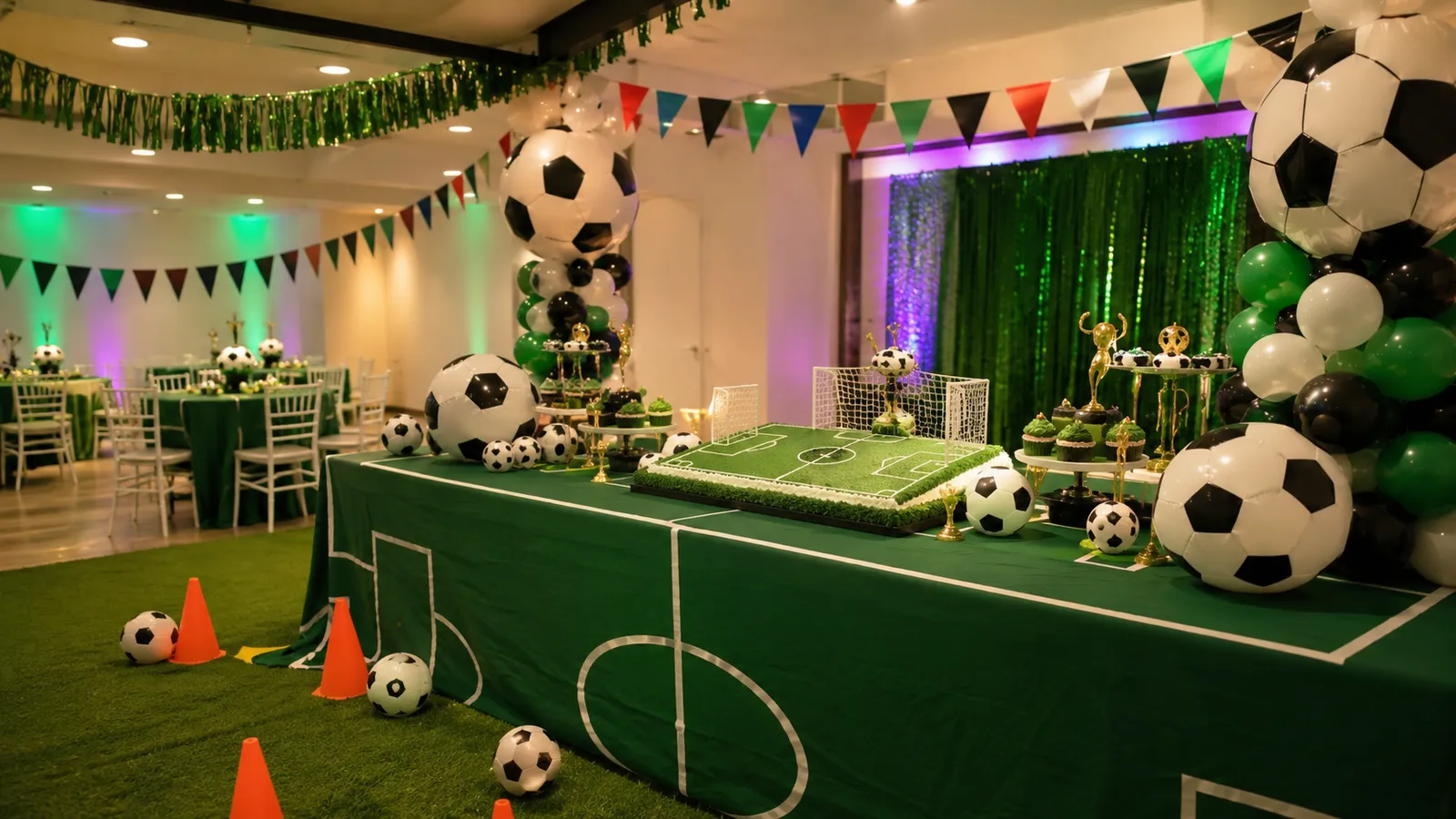 Decoración temática de fútbol para cumpleaños infantil en salón de eventos Santiago