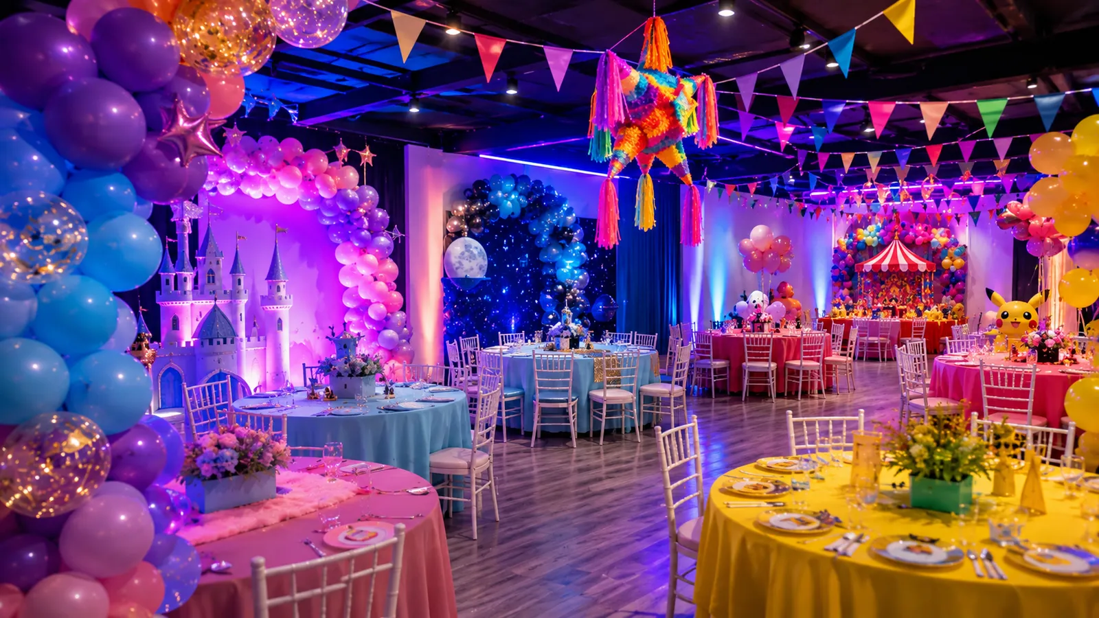 Salón de cumpleaños temáticos infantiles decorado en Festópolis Santiago Centro