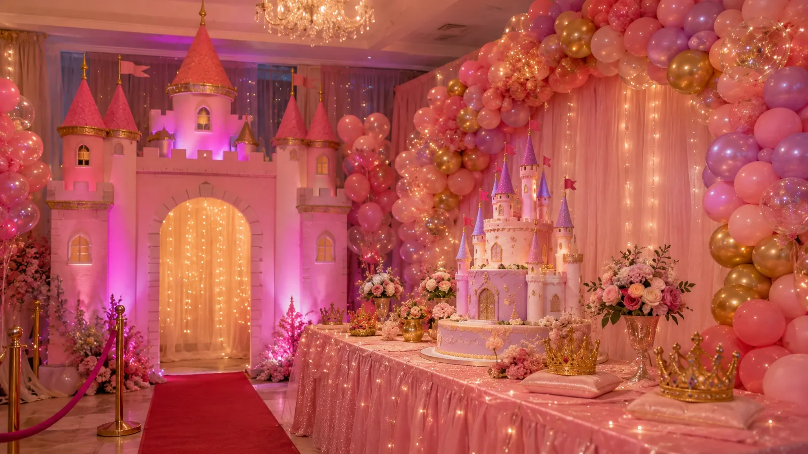 Decoración de cumpleaños de princesas con castillo en salón Festópolis Santiago