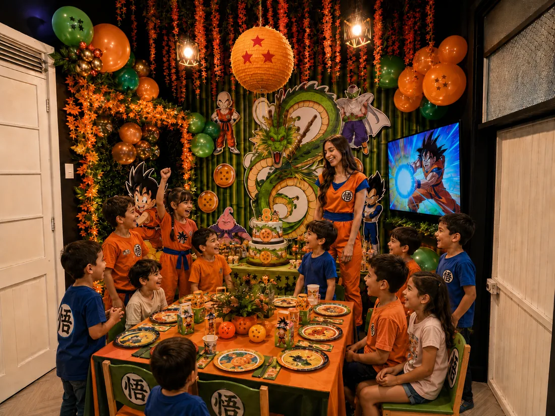 Sector temático Guerreros Saiyan para cumpleaños infantil estilo anime en Festópolis